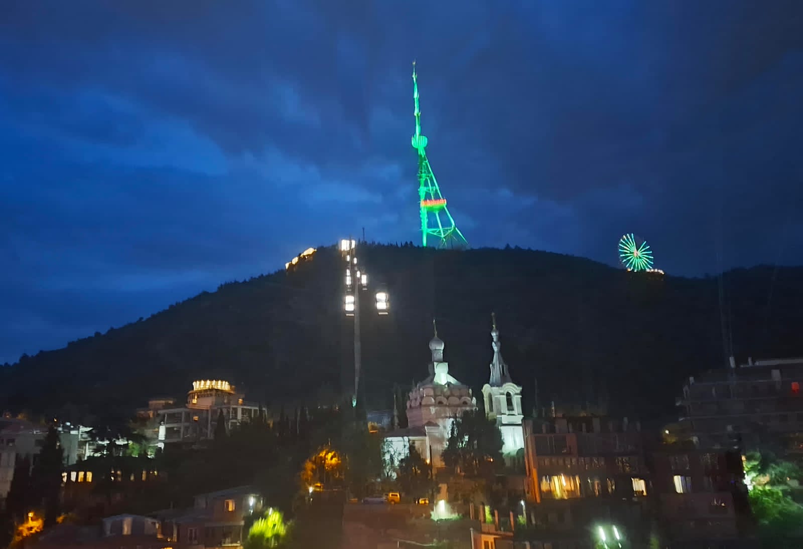 Tbilisi TV Tower Lit in Colors of Turkmenistan’s National Flag, May 18, 2025, Tbilisi, Georgia (Photo: Embassy of Turkmenistan in Georgia)