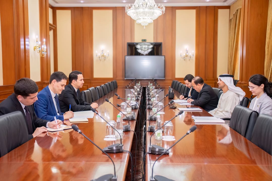 Türkmenistanyň Döwlet daşary ykdysady iş bankynyň başlygy Rahymberdi Jepbarowyň we BAE-niň Türkmenistandaky ilçisi Ahmed Al-Hameli bilen duşuşygy, 2025-nji ýylyň 8-nji maýy, Türkmenistan (Surat: BAE-niň Aşgabatdaky ilçihanasy)