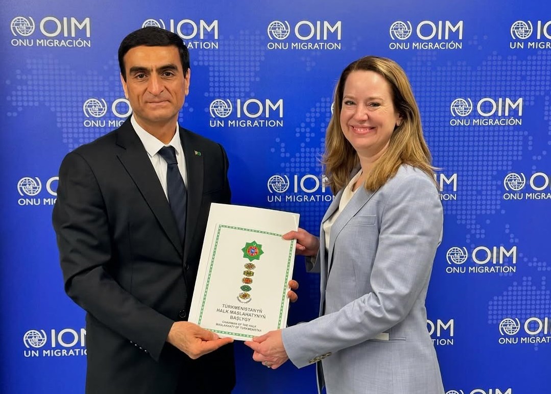 Meeting of Vepa Hajiyev with Amy Pope, April 11, 2025, Geneva, Switzerland (Photo: Turkmenistan's Permanent Mission to the UN in Geneva)