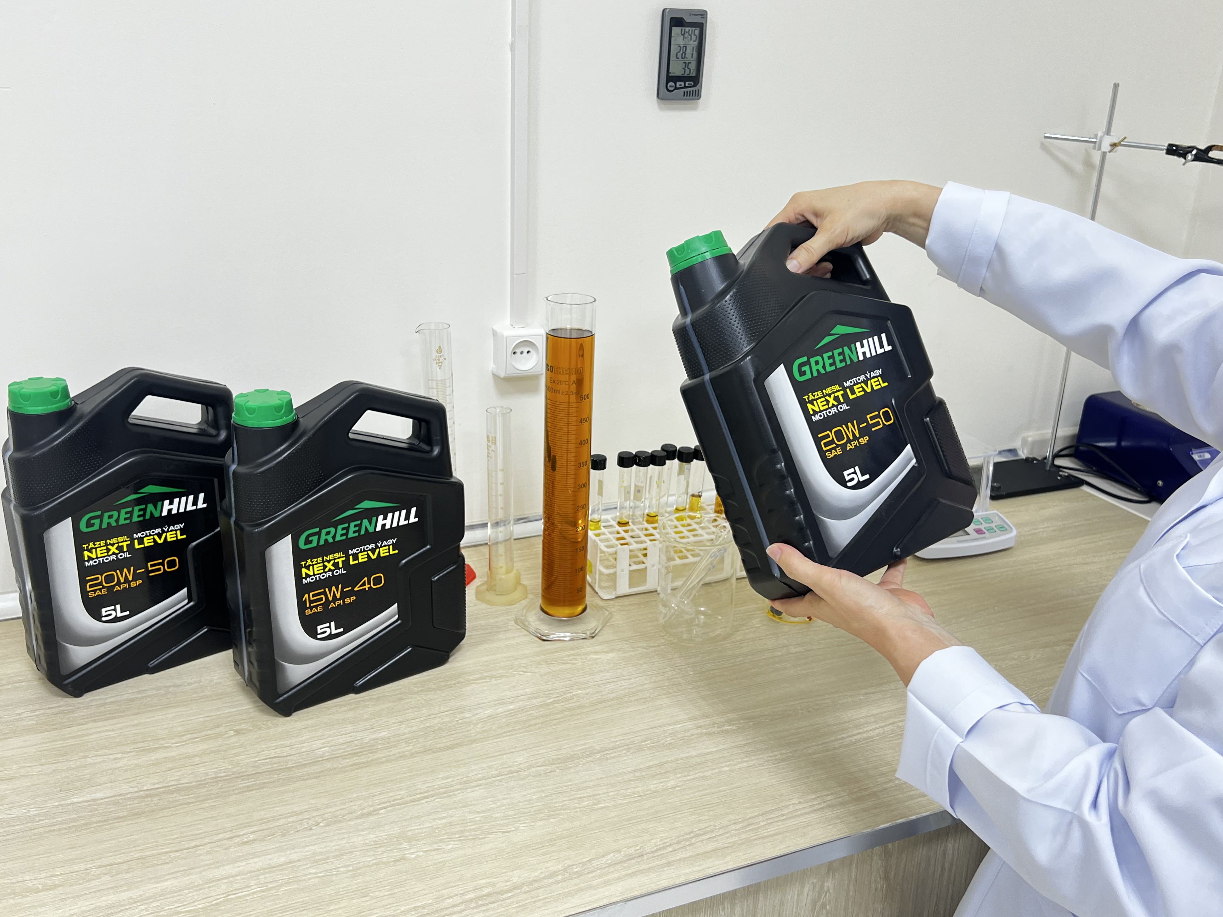 Lubricating oils undergoing quality control at the Täze Senagat production facility