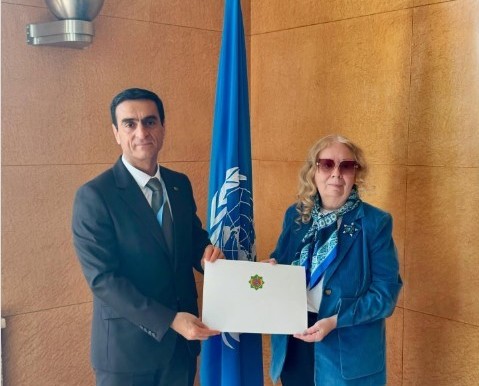 BMG-niň Ženewadaky edarasynyň ýanyndaky Türkmenistanyň hemişelik wekili Wepa Hajiýewiň BMG-niň Ženewadaky edarasynyň Baş direktory Tatýana Walowa bilen duşuşygy, 2025-nji ýylyň 3-nji apreli, Ženewa, Şweýsariýa (Surat: BMG-niň Ženewadaky edarasynyň ýanyndaky Türkmenistanyň hemişelik wekilhanasy)